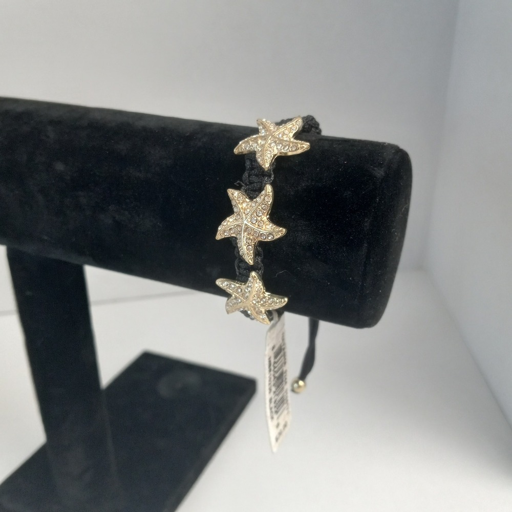 Natasha Black Macrame Starfish Rhinestone Bracelet Gold Tone MBR10230 NWT
